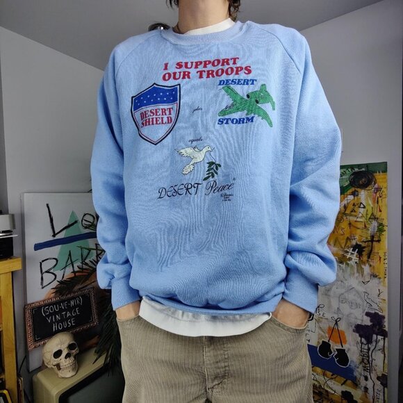 91 Vintage 'Support our troops' desert storm graphic baby blue crewneck men's XL - Picture 1 of 3